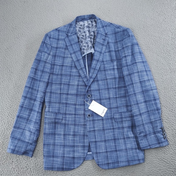 Tom James Blazer Mens 40R (US) Blue Plaid Modal Stretch Sport Coat Jacket ABE195